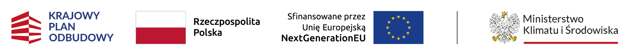 Grafika logotypów Krajowego Planu Odbudowy, Rzeczpospolitej Polski, Ministerstwa Klimatu i Środowiska oraz informacja o tym, iz projekt został sfinansowany przez Unię Europejską
